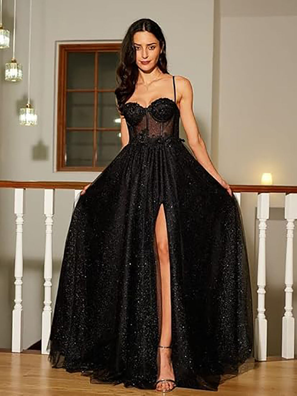 Spaghetti Strap Glitter Tulle Prom Dresses Slit Long Graduation Dress for Women Evening Party Gowns