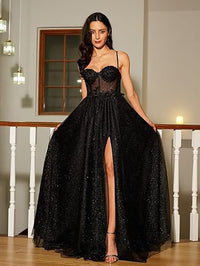 Spaghetti Strap Glitter Tulle Prom Dresses Slit Long Graduation Dress for Women Evening Party Gowns
