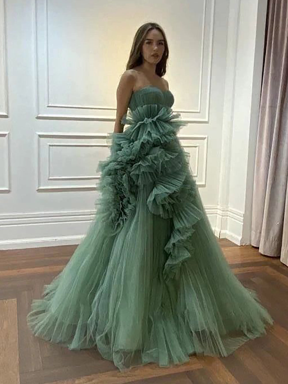 open lace back dress Ruffle Strapless Prom Dress 2025 Dramatic Puffy Layered Pleats Prom Dr –  Msikoods Official Store