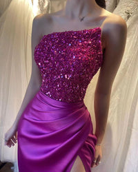 Robe de soirée sirène à paillettes, robe de soirée formelle en satin noire fendue sur le côté, robe de soirée pour invités de mariage