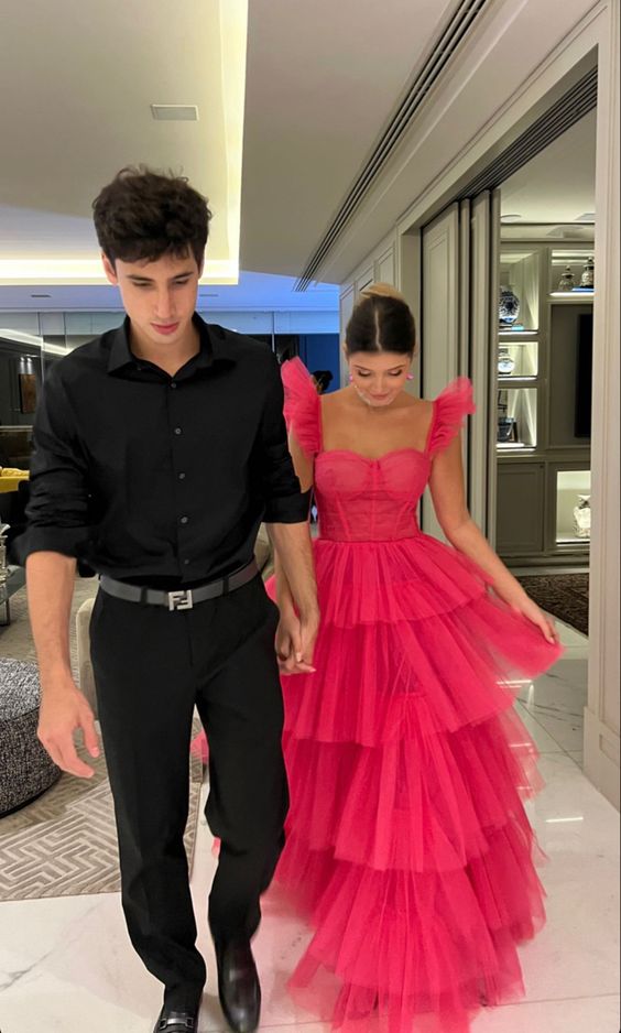 Elegante abito da sera a strati con applicazioni in pizzo, senza maniche, arricciato, abito formale Ms2504071