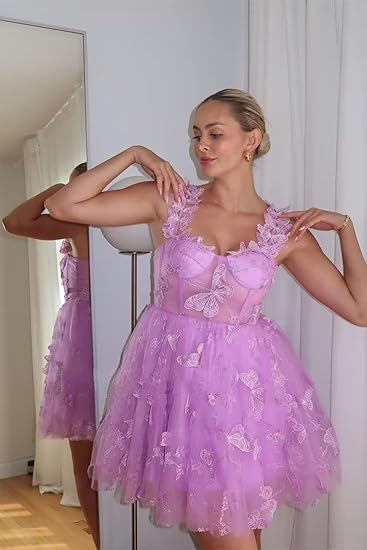 Abito corto da sera in tulle da donna con farfalle 3D, abiti da ritorno a casa con applicazioni in pizzo, abiti da cocktail con spalline sottili