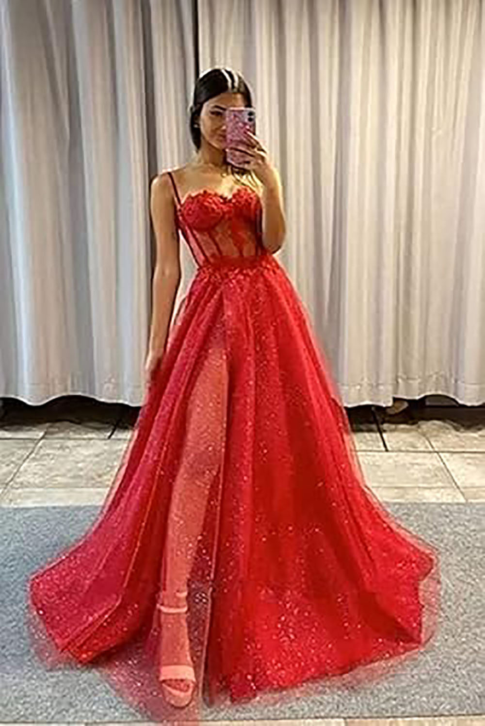 Abiti da sera lunghi da ballo formali a linea A con spalline sottili e spacco laterale in tulle scintillante per donna 2025
