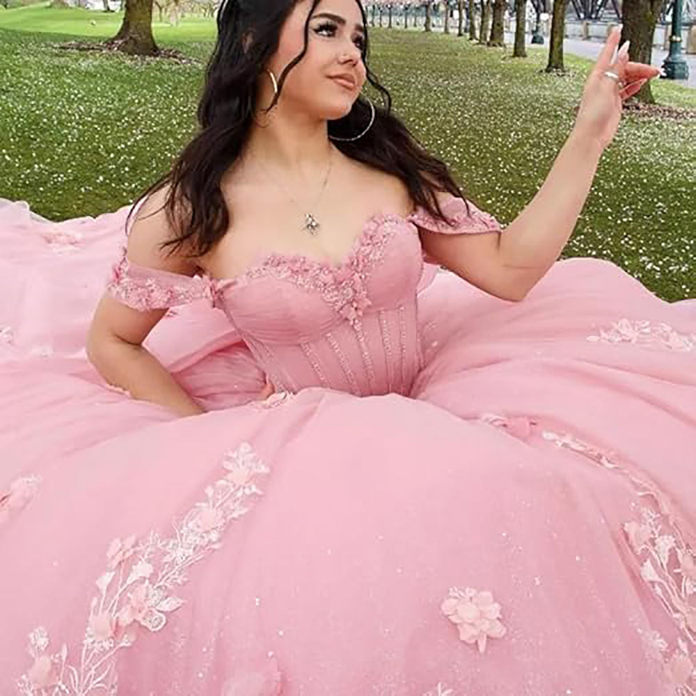 Sweetheart Ball Gown Quinceanera Dresses Bead Appliques Flower Pink Prom Dress Party Gowns Vestidos De 15 Anos