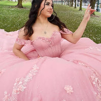 Sweetheart Ball Gown Quinceanera Dresses Bead Appliques Flower Pink Prom Dress Party Gowns Vestidos De 15 Anos