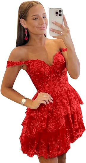 Sparkly Sequin Homecoming Dresses 2025 for Teens Off The Shoulder Short Tiered Lace Prom Dresses Cocktail Party Gown