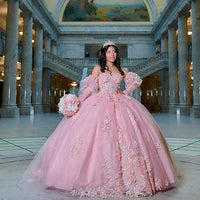 Strapless Quinceanera Dresses Ball Gown Sparkly Tulle Sweet 16 Dresses Puffy Lace Beaded Prom Dress With Sleeves