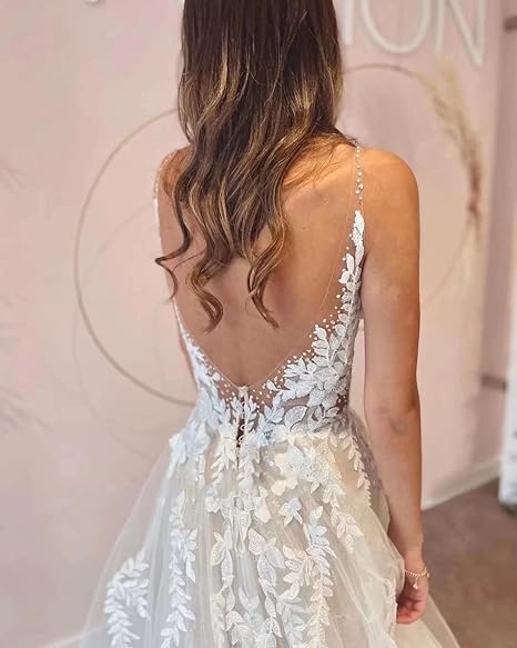 Sexy A-Line Backless Wedding Dress Lace Applique Beaded Tulle Wedding Gowns Boho Bridal Dress