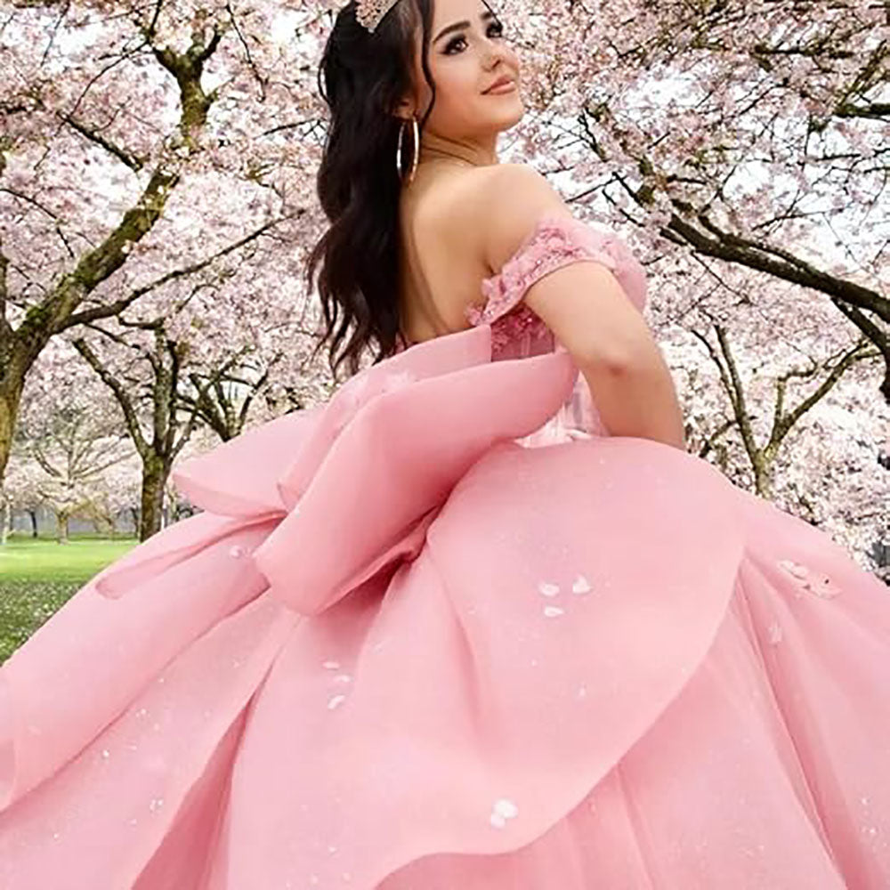 Sweetheart Ball Gown Quinceanera Dresses Bead Appliques Flower Pink Prom Dress Party Gowns Vestidos De 15 Anos