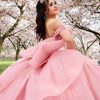 Sweetheart Ball Gown Quinceanera Dresses Bead Appliques Flower Pink Prom Dress Party Gowns Vestidos De 15 Anos