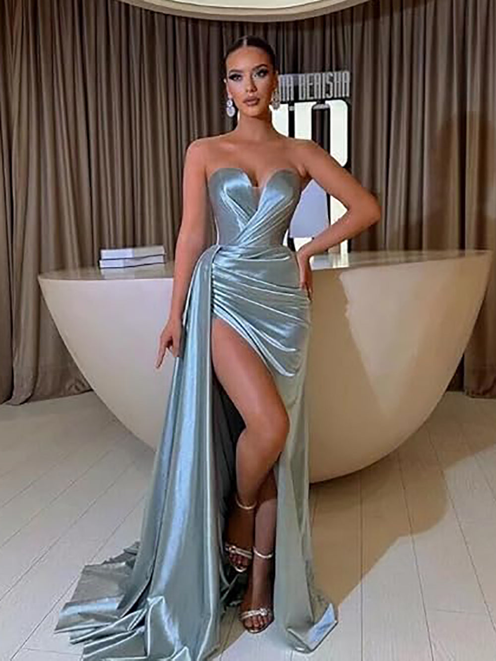 Vestidos de Festa Mermaid com Fenda Vestido Justo Longo de Cetim para Damas de Honra Vestidos Formais de Noite para Mulheres