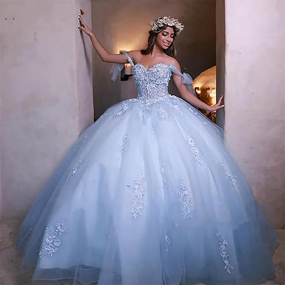 Damen Quinceanera-Kleider aus Spitze, Ballkleid, schulterfrei, Prinzessinnen-Ballkleider mit Schleppe, bauschige Sweet 16-Kleider