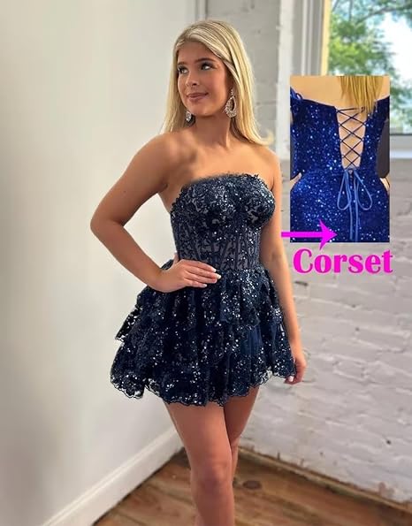 Mini robe de soirée sexy sans bretelles en dentelle avec appliques, robe de cocktail à plusieurs niveaux, robe de bal, robe de soirée