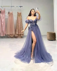 Abiti da sera in tulle glitterato con maniche 2024, scollo a cuore a spalle scoperte, fiori 3D, abiti da festa con spacco