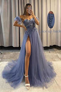 Abiti da sera in tulle glitterato con maniche 2024, scollo a cuore a spalle scoperte, fiori 3D, abiti da festa con spacco