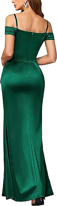 Sexy abito da sera lungo da festa con spalle scoperte in raso, spacco alto e arricciature, stile sirena Ms2503131