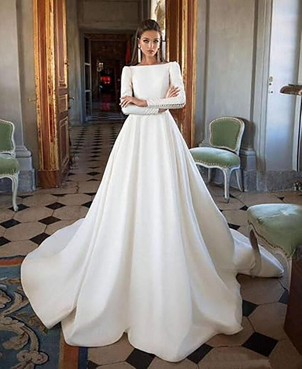 Abiti da sposa semplici a linea A da donna, collo a scollo rotondo, schiena scoperta, abito da sposa a maniche lunghe in raso