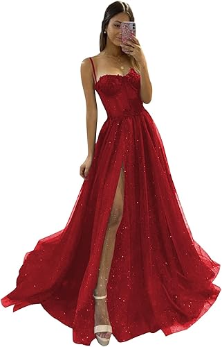 Abiti da sera lunghi da ballo formali a linea A con spalline sottili e spacco laterale in tulle scintillante per donna 2025