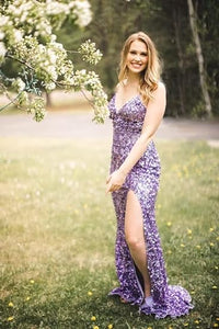 Abiti da sera formali con spalline sottili, paillettes, scollo a V, stile sirena, con spacco, abito da festa scintillante