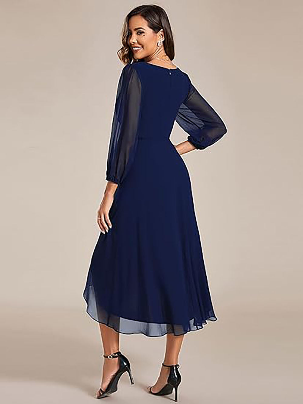 Abito da sera da donna in chiffon con scollo a V, maniche lunghe, abito da damigella, lunghezza midi, abito per invitata a matrimonio