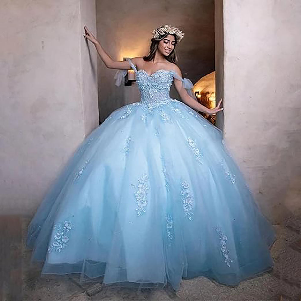 Women's Off Shoulder Quinceanera Dresses Puffy Tulle Ball Gowns for Sweet 16 Dress Lace Appliques Prom Dress