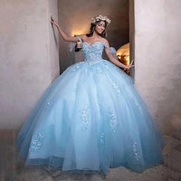 Women's Off Shoulder Quinceanera Dresses Puffy Tulle Ball Gowns for Sweet 16 Dress Lace Appliques Prom Dress