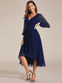Abito da sera da donna in chiffon con scollo a V, maniche lunghe, abito da damigella, lunghezza midi, abito per invitata a matrimonio