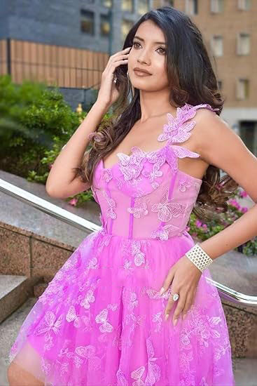 Abito corto da sera in tulle da donna con farfalle 3D, abiti da ritorno a casa con applicazioni in pizzo, abiti da cocktail con spalline sottili