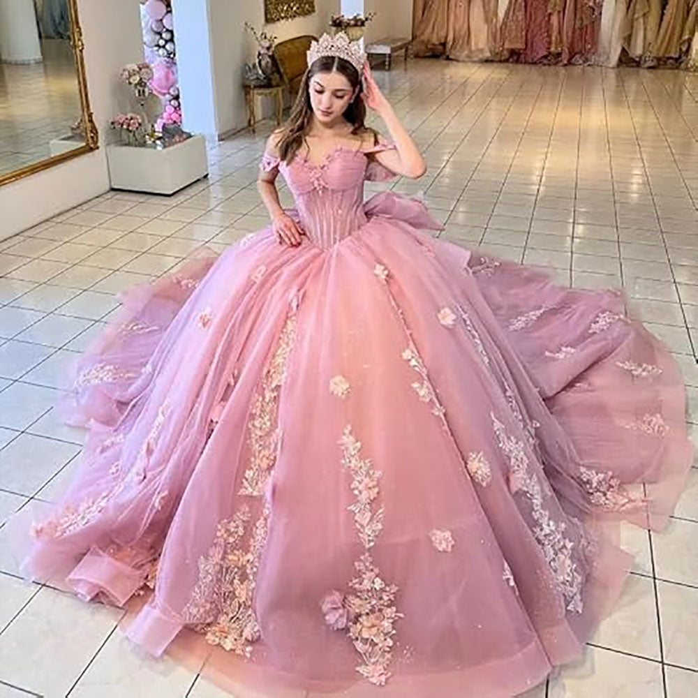 Sweetheart Ball Gown Quinceanera Dresses Bead Appliques Flower Pink Prom Dress Party Gowns Vestidos De 15 Anos