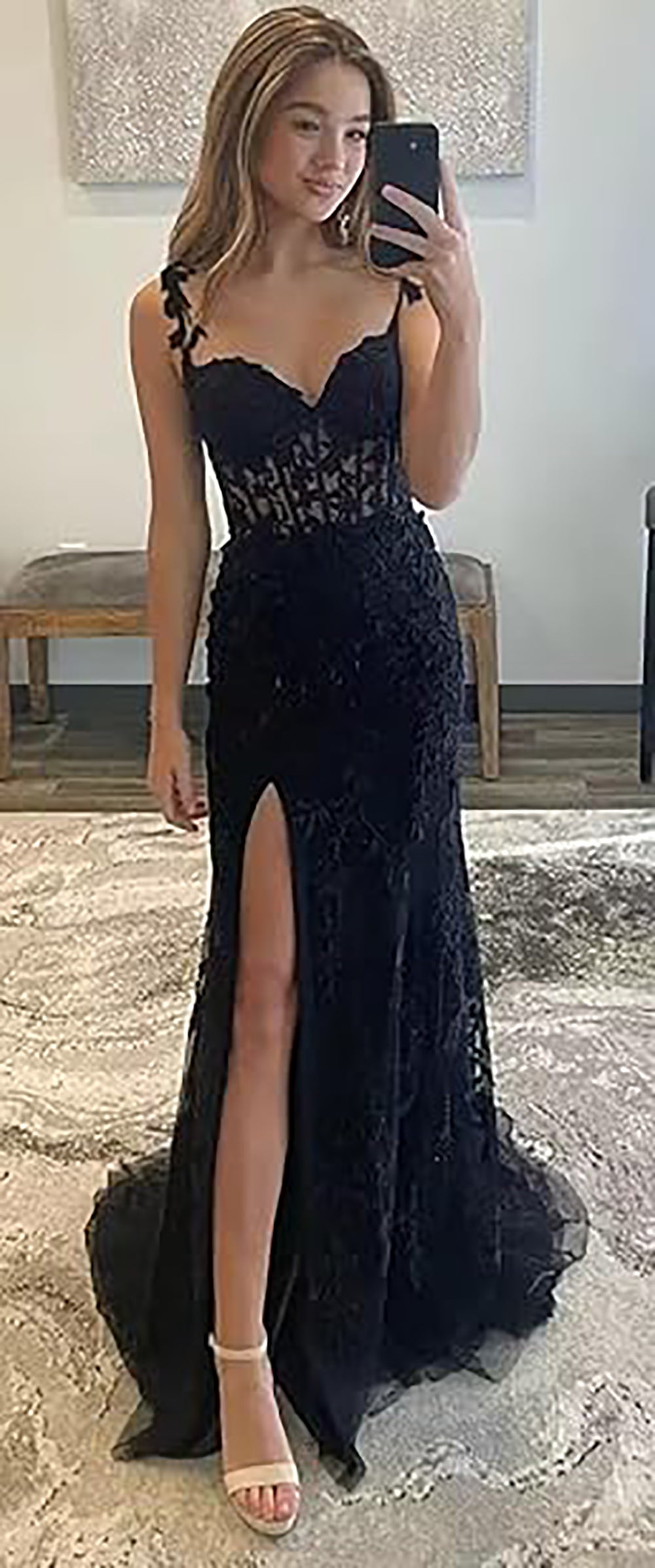 Vestidos de Baile Elegantes com Aplicação de Renda, Estilo Sereia, Fenda, Alças Finas, Vestidos Formais em Tule, Vestidos de Festa Sensuais