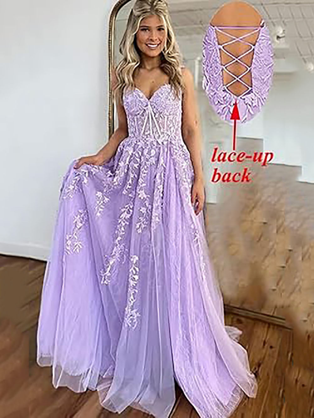 Tulle Lace Applique Prom Dresses Long for Women 2024 Spaghetti Straps A-Line Evening Cocktail Party Dresses