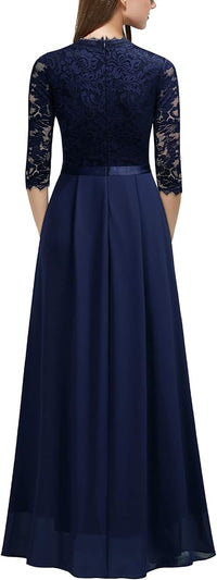 Abito lungo da sera formale da donna con pizzo floreale e maniche 2/3, abito da damigella