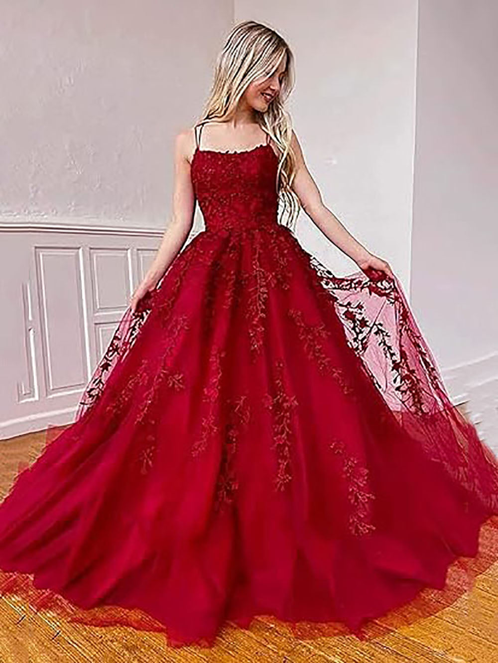 Abiti da sera lunghi con spalline sottili in tulle, applicazioni in pizzo, abiti da ballo per donne, vestito da festa