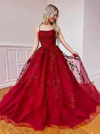 Abiti da sera lunghi con spalline sottili in tulle, applicazioni in pizzo, abiti da ballo per donne, vestito da festa
