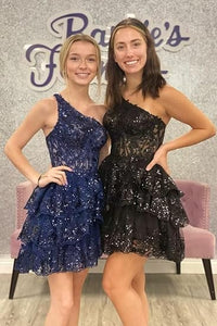Abiti corti a balze con paillettes scintillanti per il ritorno a casa per adolescenti, abito da cocktail da festa con applicazioni in pizzo a una spalla