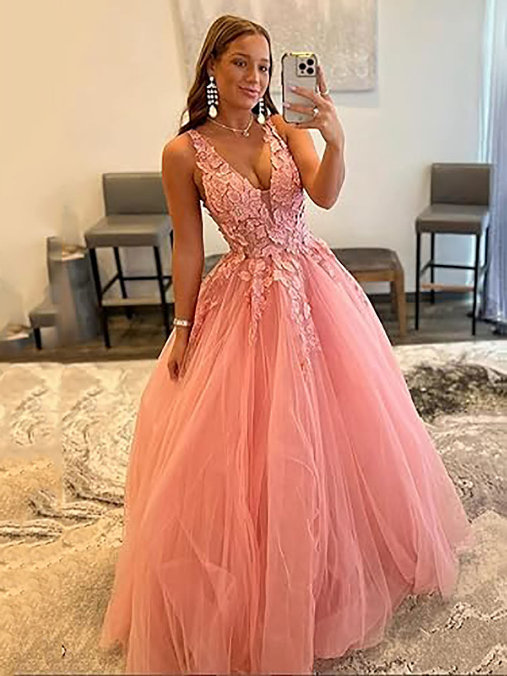 Women's V Neck Tulle Prom Dresses Long Ball Gown 2025 Lace Appliques F –  Msikoods Official Store