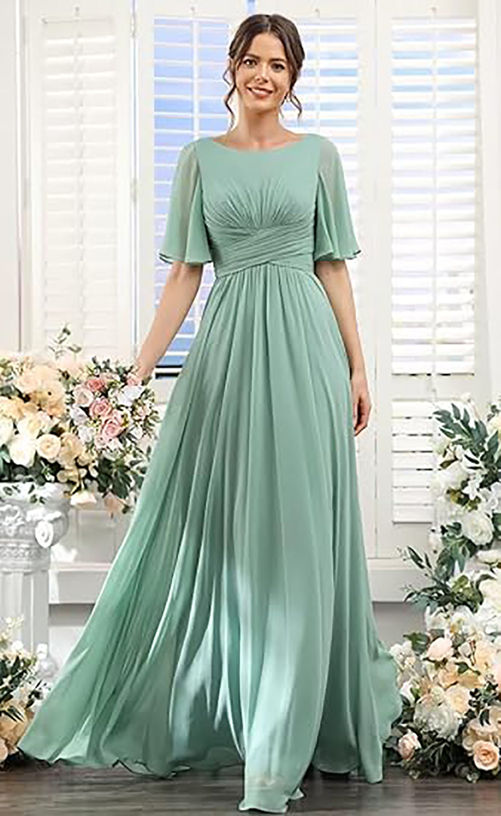 Vestido de Dama de Honra para Mulheres com Mangas de Folha em Chiffon Vestido de Noite para Festa de Casamento