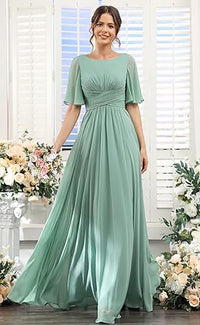 Vestido de Dama de Honra para Mulheres com Mangas de Folha em Chiffon Vestido de Noite para Festa de Casamento
