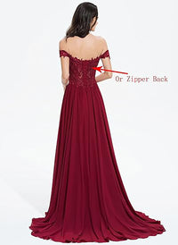 Abito da sera lungo in chiffon con spacco e applicazioni in pizzo a spalle scoperte Ms2503133