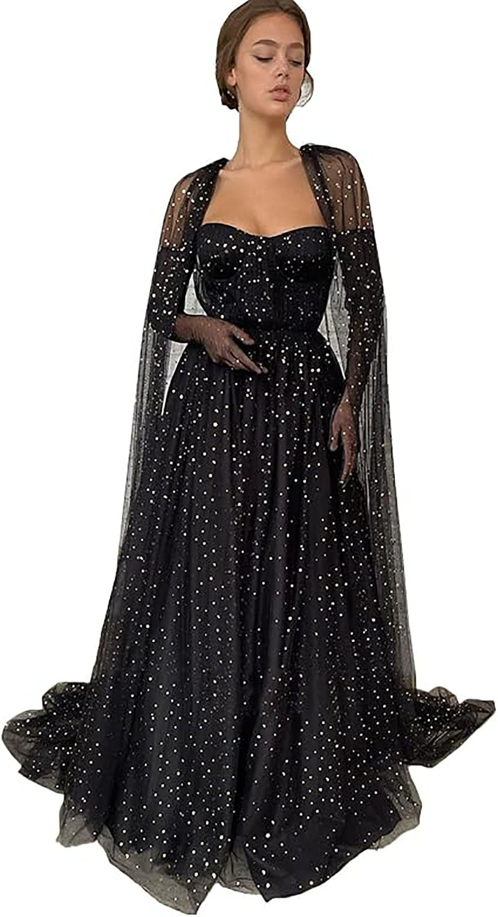 Vestidos de Festa de Tule Estrelado Brilhante para Mulheres, Decote Coração, Corte A, Vestido Formal para Festa com Mangas Longas em Capa