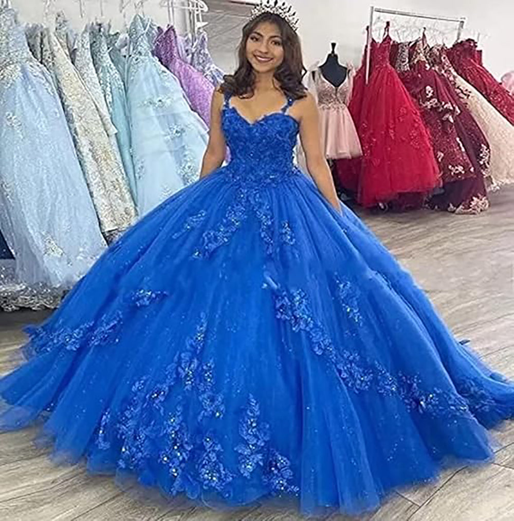 Abiti da Quinceanera in tulle di lusso con spalline sottili, abito da ballo lungo con applicazioni di pizzo gonfio, abito da sera per donna