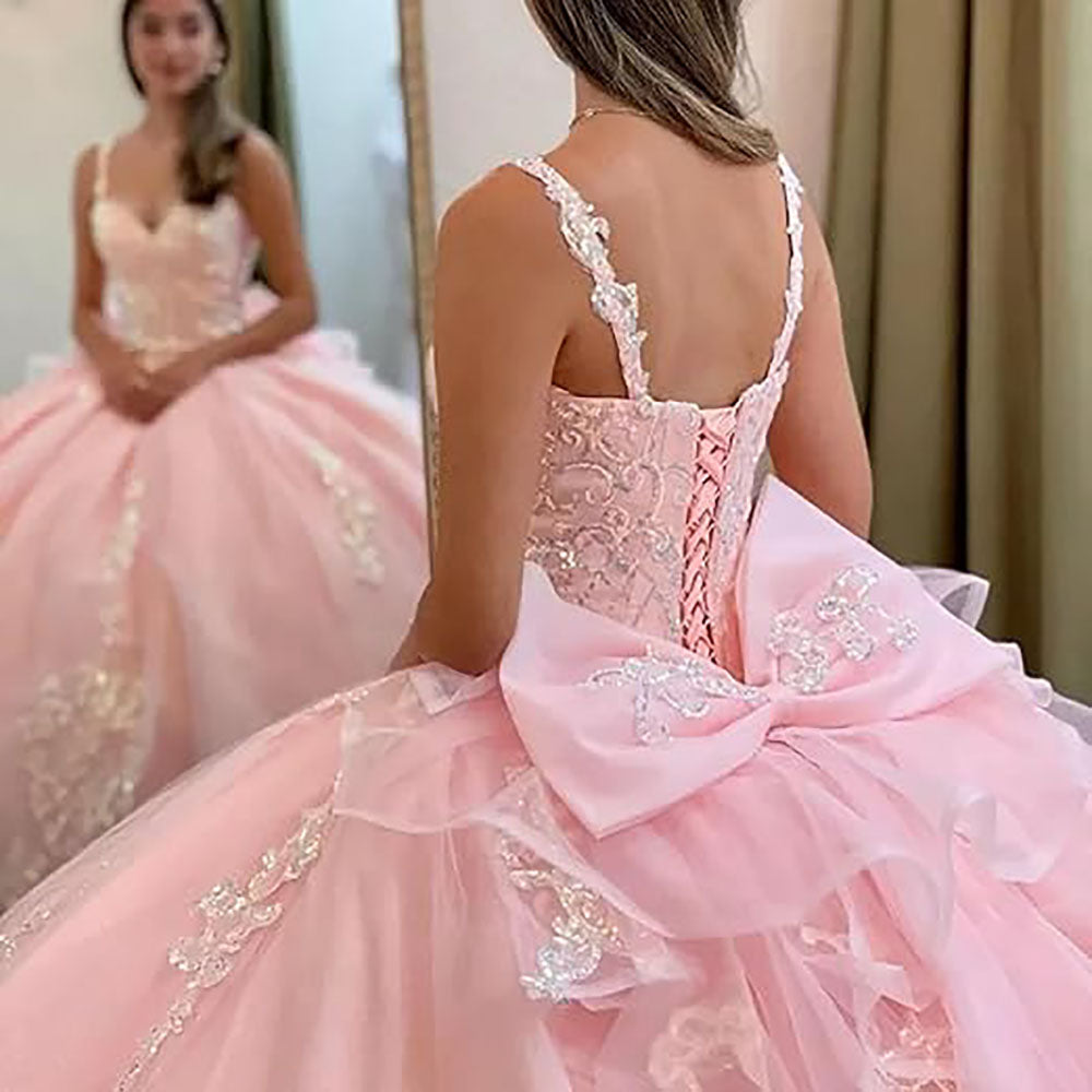Women's Spaghetti Straps Quinceanera Dresses Ball Gown Sequin Appliques Sweet 16 Prom Gown Princess Party Dress