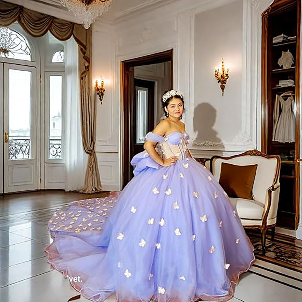 Vestidos de Quinceanera Butterfly com Laço Vestido de Baile Fofo Sweet 16 com Cauda Vestido de Quince Ombro a Ombro