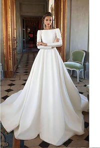 Abiti da sposa semplici a linea A da donna, collo a scollo rotondo, schiena scoperta, abito da sposa a maniche lunghe in raso