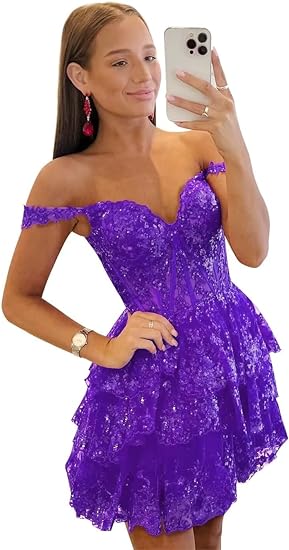 Vestidos de Volta a Casa com Lantejoulas Brilhantes 2025 para Adolescentes, Ombros Descobertos, Curto, em Camadas, com Renda, Vestidos de Baile, Vestido de Cocktail