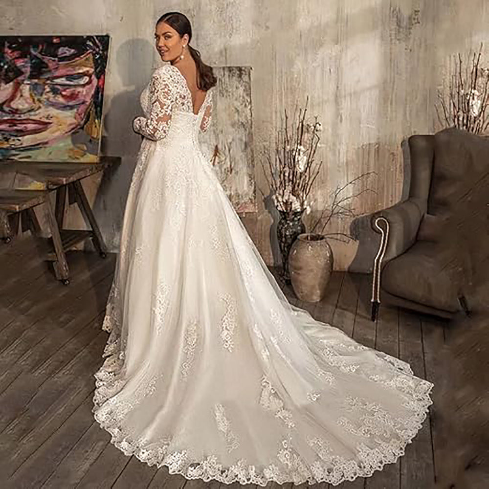 Long Sleeve Wedding Dresses for Bride V Neck Bridal Gowns Lace Tulle Wedding Gowns for Women With Train