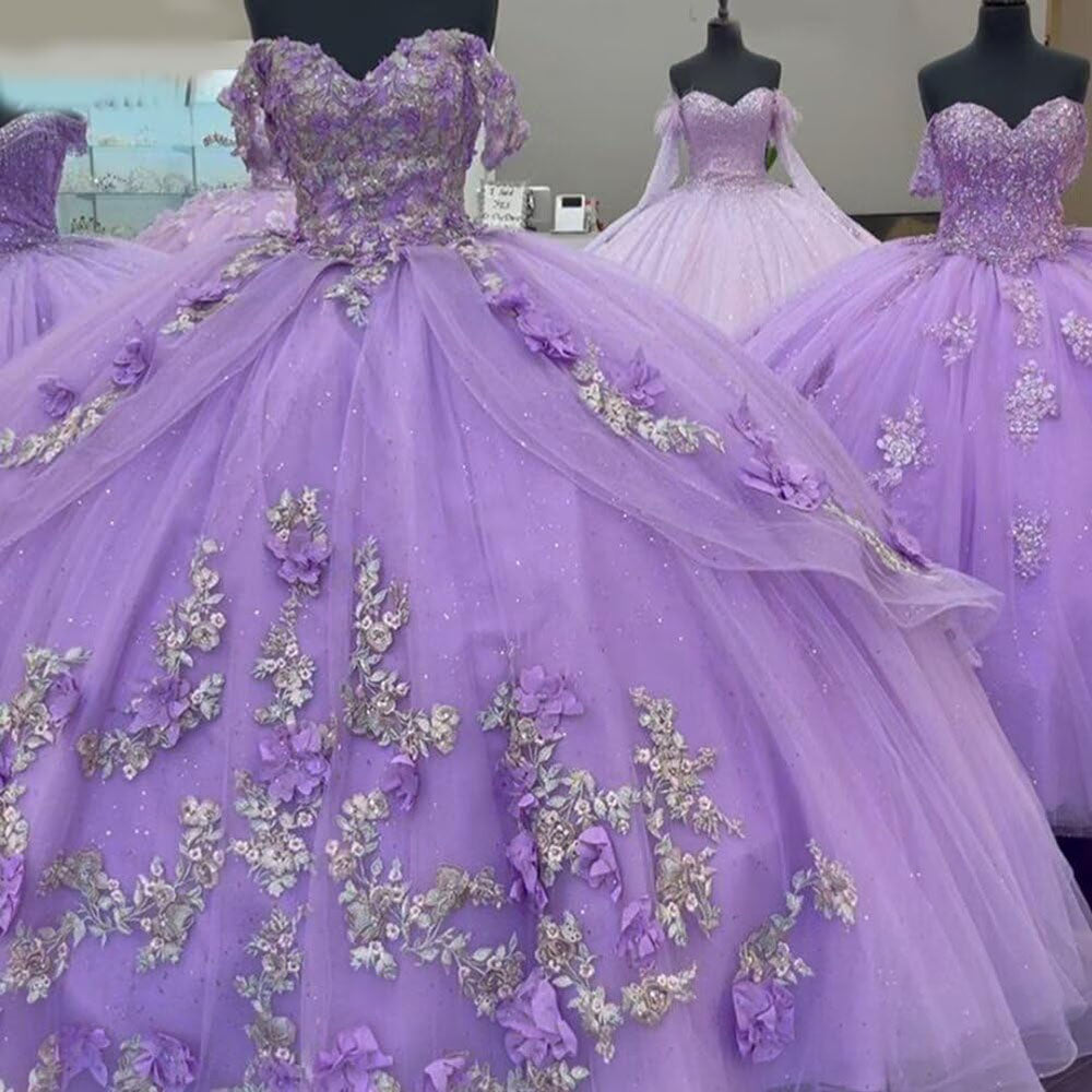 Abiti da Quinceanera floreali 3D Abito da ballo gonfio in tulle scintillante Abiti Sweet 16 con spalle scoperte Abito principessa in pizzo