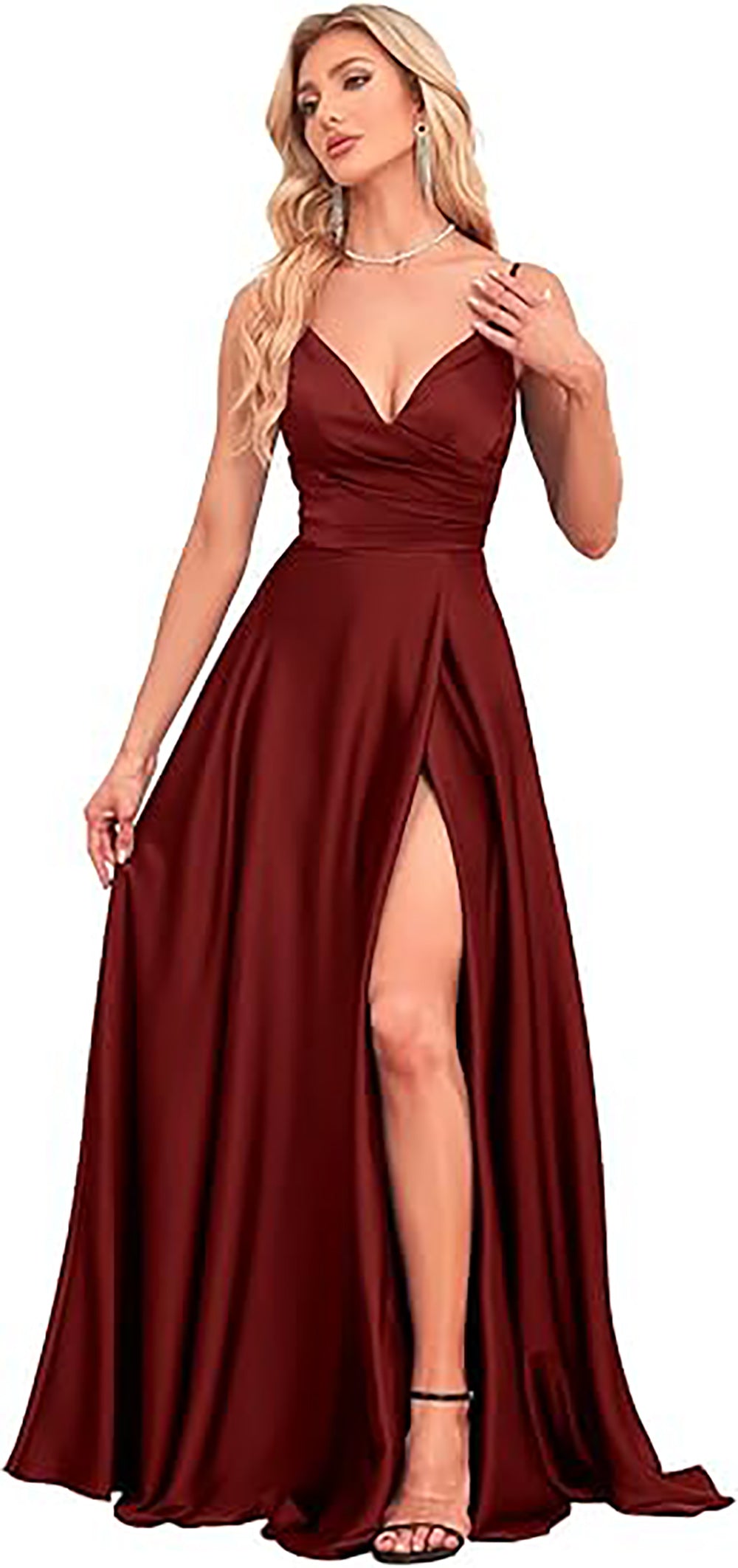 Robe de bal longue en satin chic à bretelles spaghetti, robe de demoiselle d'honneur, robe de soirée fendue sur le côté, robe formelle