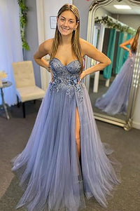Abiti da sera in tulle glitterato con maniche 2024, scollo a cuore a spalle scoperte, fiori 3D, abiti da festa con spacco