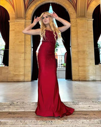 Burgundy Mermaid Evening Dresses Spaghetti Strap Lace Appliques Glitter Backless Women Formal Party Dress